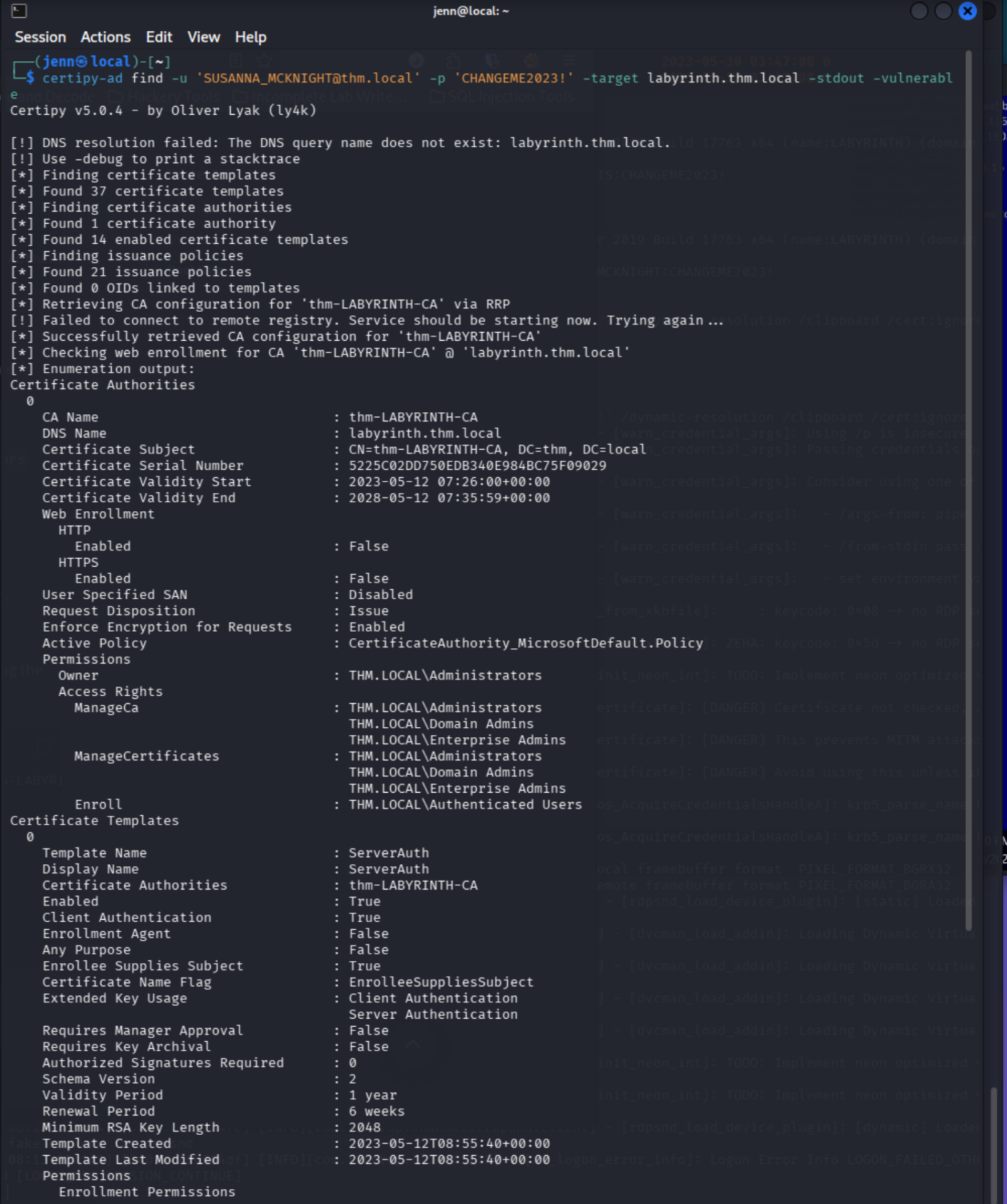 certipy find — ESC1 vulnerability on ServerAuth template